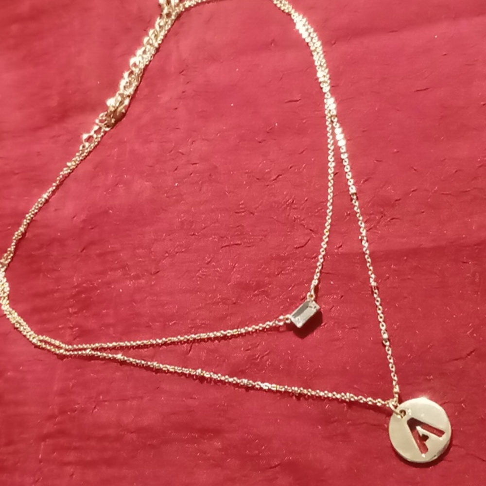 Layered initial A necklace gold tone & crystal bar pendant necklace. 2 necklaces